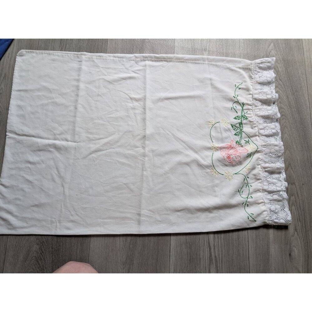 Vintage Hand-Embroidered Pillowcase With Lace Trim & Floral Design